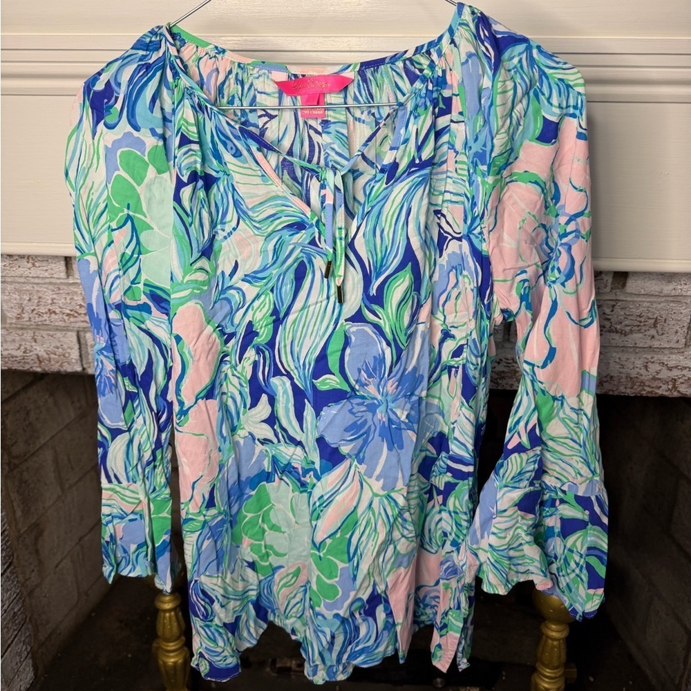 Lilly Pulitzer Willa Flounce Sleeve Top Party Thyme Print Size Small